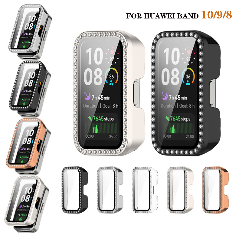 เคสแข็งสำหรับ Huawei Band 8 9 10 CASE COVER พร้อมเพชรคริสตัลไซโคลนหน้าจอป้องกันหน้าจอป้องกันเต็มรูปแบบ