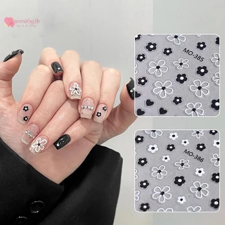 RENBG Blossom 3D สติ๊กเกอร์ติดเล็บสีขาวสีดํากลีบดอกไม้เล็บ Decals Elegant งานแต่งงานออกแบบฤดูใบไม้ผลิดอกไม้เล็บ Slider Decor TH
