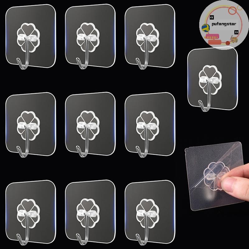 Pufangstar 10PCS สแตนเลสโปร่งใส Strong Self กาวตะขอ Key Storage แขวนสําหรับห้องครัวห้องน้ําประตู Wall Multi-Function TH