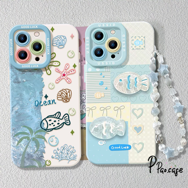 สำหรับ IPhone 11 16 15 14 12 13 Pro Max XR 7 8 16 15 Plus XS Max X เคสสร้อยข้อมือลายปลาผูกโบว์สีฟ้าสุดฝันจากมหาสมุทร