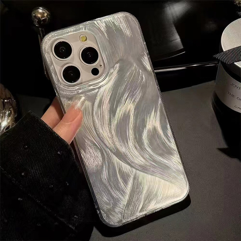 คสโทรศัพท์มือถือ For iPhone 11 12 13 14 15 Pro Max XR X XS Max 7 8 Plus SE Soft เคส ขนนกสีเงินหรูหราโฮโลแกรมเลเซอร์เคสใส