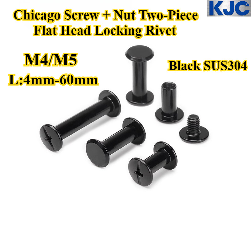 [KJC-MD] สีดํา 304 สแตนเลส, สกรูชิคาโก + น็อตสองชิ้น, หมุดล็อคหัวแบน, ม4/ม5, หมุดล็อคชาย - หญิง, ความยาว 4 มม.-60 มม.