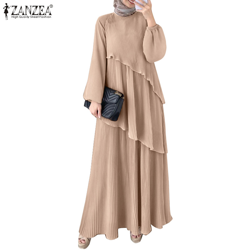 ZANZEA ซานเซีย ผู้หญิงมุสลิมแฟชั่น โอ-คอ ความยาวข้อเท้าโคมไฟแขนจีบออกแบบชุด