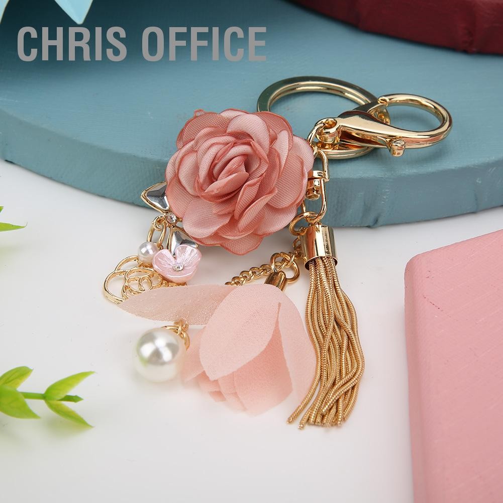 Chris office พวงกุญแจจี้มุกเทียมดอกไม้พู่กระเป๋าตกแต่งพวงกุญแจของขวัญวันเกิด