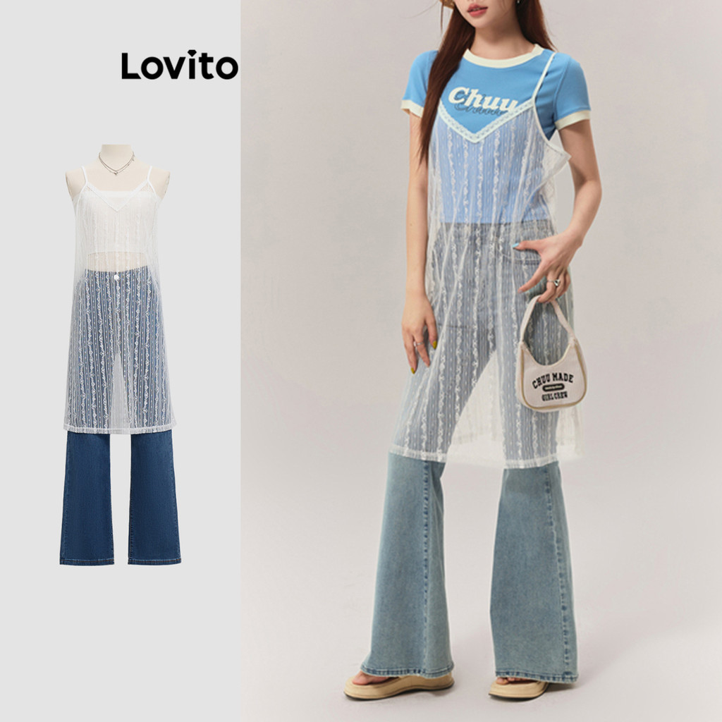 Lovito เดรสผู้หญิง ผ้าโปร่ง ลูกไม้ จับจีบเดรป สีพื้น สไตล์ลำลอง L90AD112