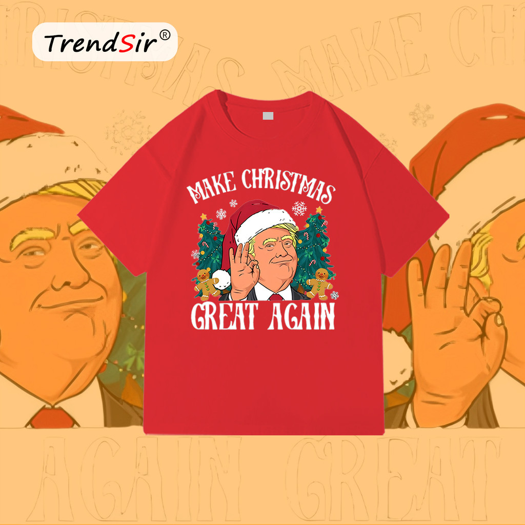 TrendSir มาใหม่ ลายเยอะ ผ้าดีมาก คริสมาสต์เสื้อผ้า เสื้อยืด คริสมาสต์ Merry Christmas ทรัมป์หน้าตลกใส่หมวกซานต้า 100%cotton11สี M-3XL