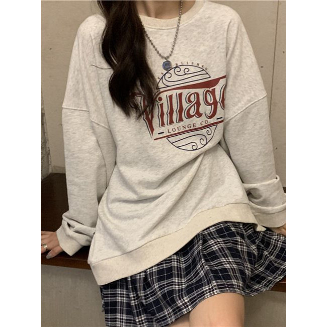 เสื้อฮู้ดขนแกะพิมพ์ลายตัวอักษรคอกลมลำลองทรงหลวม