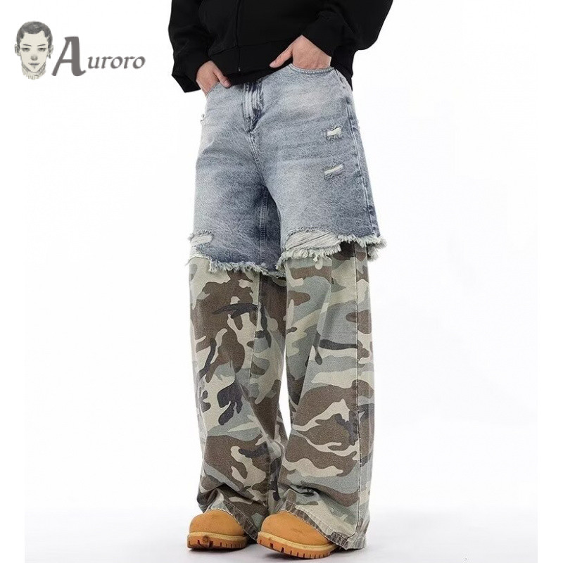 American Vintage Splicing Jeans Men Trend Pattern กางเกงขากว้างสําหรับผู้ชาย