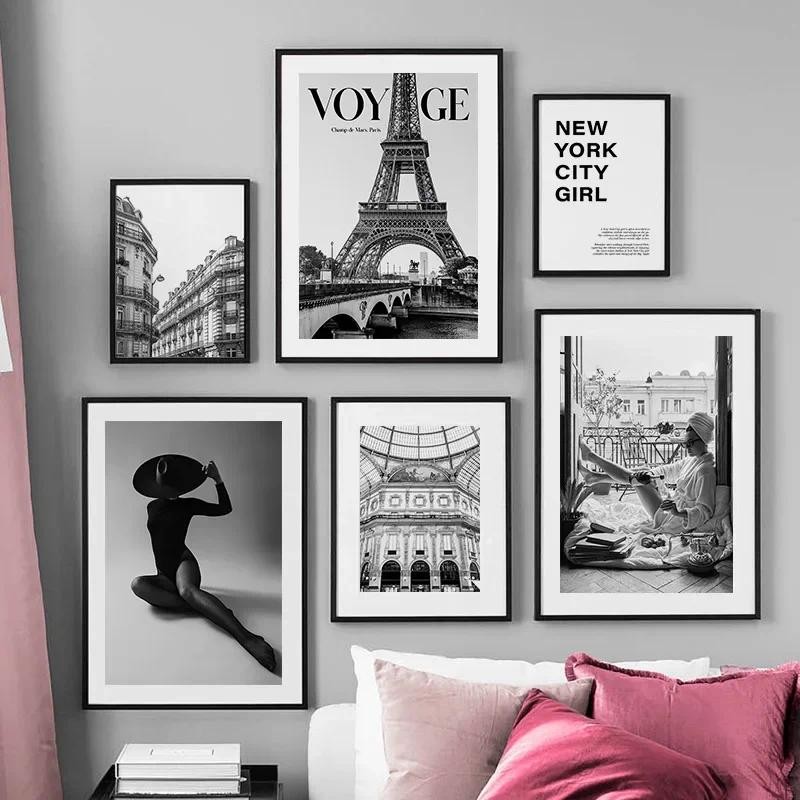 Paris ผ้าขนหนู New York Build Dobermann Wall Art ภาพวาดผ้าใบพิมพ์ภาพผนังห้องนั่งเล่นตกแต่งสีดําสีขาวโปสเตอร์ Club