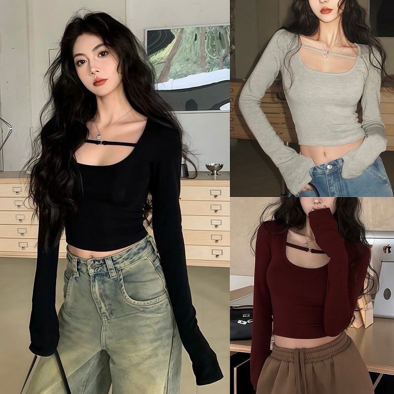 SuySuy พร้อมส่ง เสื้อแขนยาว คอยู สีพื้น แต่งสายตรงคอ สไตล์วัยรุ่น ทรงเข้ารูป เหมาะกับสาวๆที่กำลังจะไปเที่ยว แฟชั่นเกาหลี
