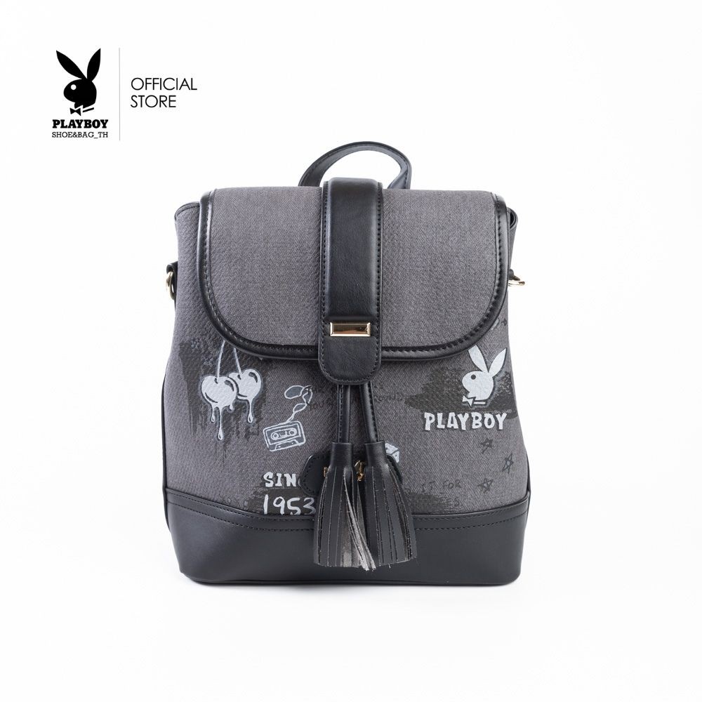 PLAYBOYรุ่น Lively backpacks กระเป๋าเป้ผู้หญิง รหัส ST-B244PB588 ดีไซน์สกรีนลายการาฟฟิก มี2สี SootBl