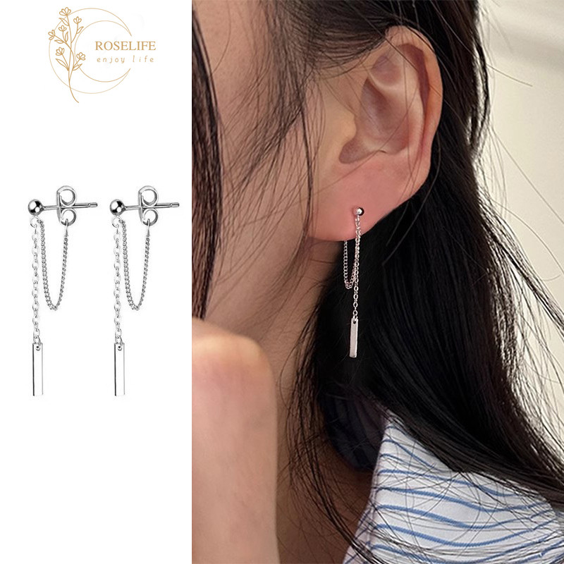 Roselife Cool แฟชั่นพู่เงินโซ่ตรง Bar Drop ต่างหูสําหรับผู้หญิงสาวแฟชั่นเครื่องประดับหูโซ่ยาว