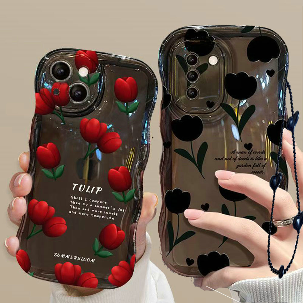 BLD| เคส สำหรับ Samsung Galaxy A02 A02S A03 A03S A04 A04S A06 A10S A11 A12 A13 A14 A16 A20S A20 A21S A22 A23 A24 A30 A31 A32 A33 A34 เคสเชือกขอบหยักดอกทิวลิปสีแดงสีดำแบบมันวาวแบบนิ่ม