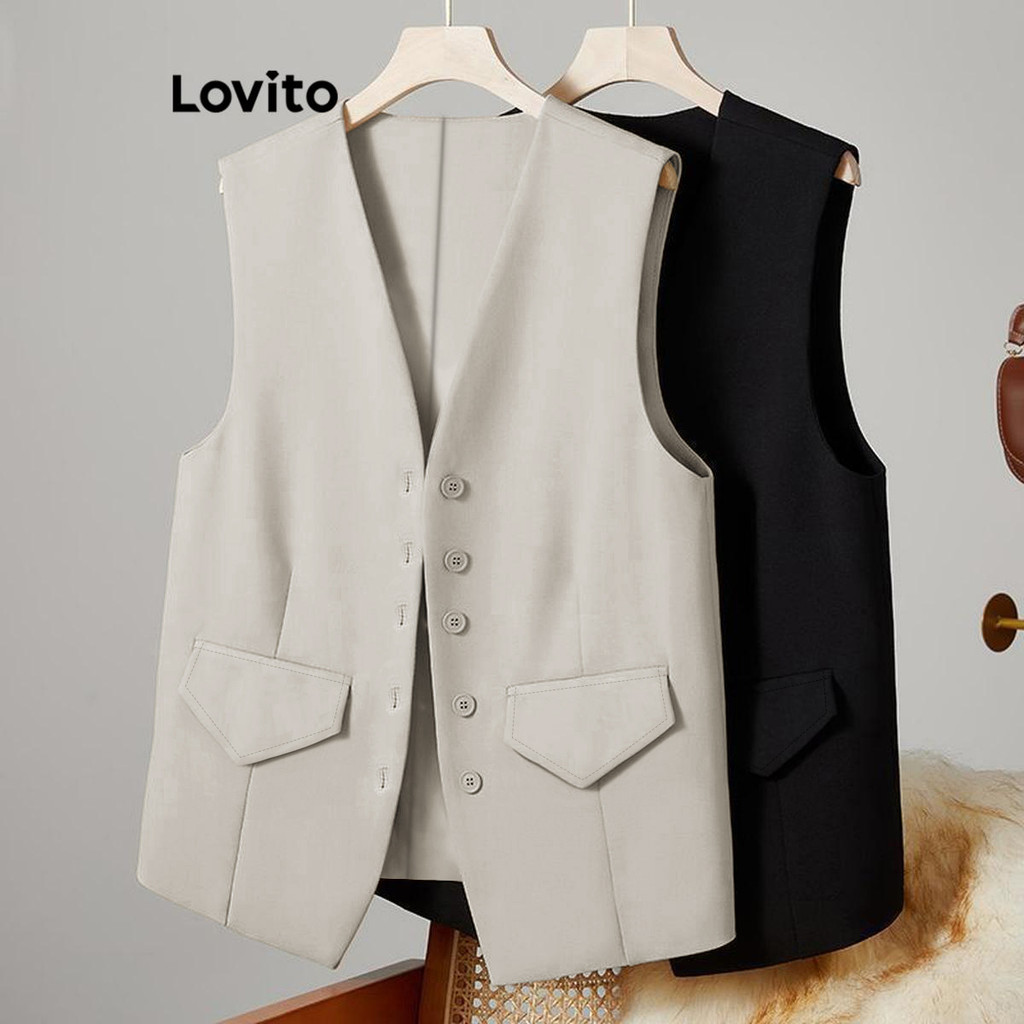 Lovito เสื้อแขนกุดผู้หญิง เปิดไหล่ แต่งกระดุมด้านหน้า สีพื้น สไตล์ลำลอง LNE52456