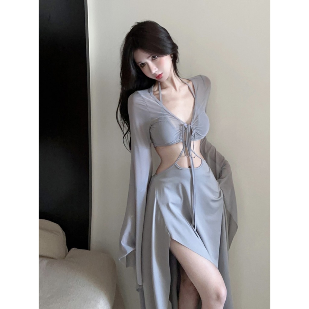ชุดเดรส, เซ็กซี่สีเทาผู้หญิงผูกแขนยาวคาร์ดิแกนไม่สม่ำเสมอกระโปรงยาว