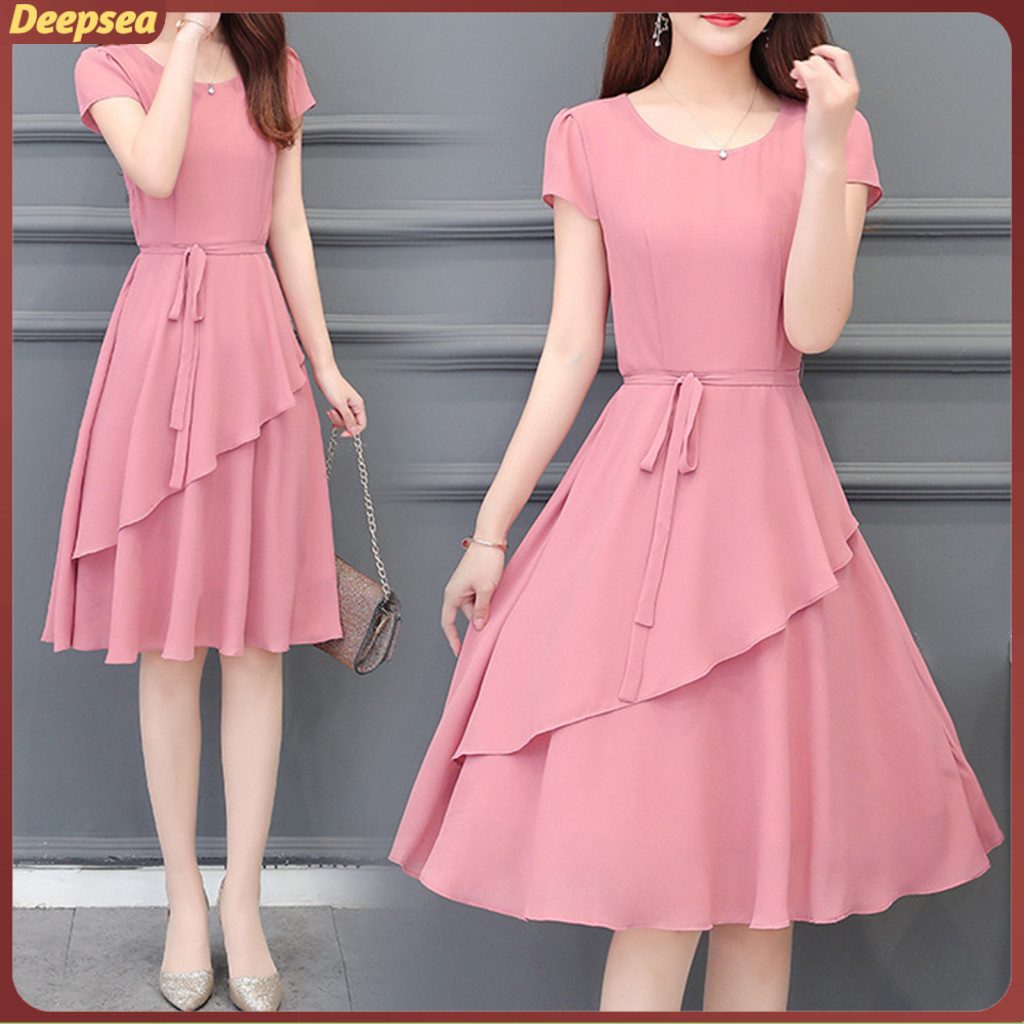 DPA A-Line Dress Stylish Lace-up A-Line Midi Dress สําหรับผู้หญิง Elegant O-คอแขนสั้นStreetwearกับ H