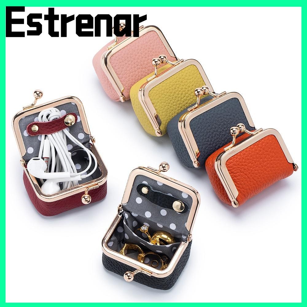 Estrenar Small Wallets, Solid Color Mini Storage Bag, กระเป๋าใส่เหรียญ Kiss Lock หนังแท้