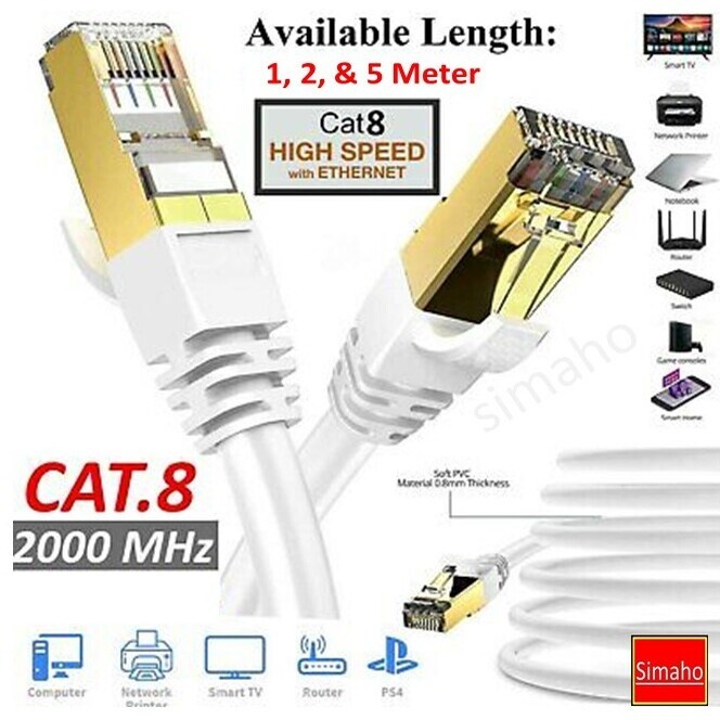 FLAT 40Gbps CAT8 CAT 8 ETHERNET สาย LAN ขั้วต่อชุบทอง NETWORK CABLE RJ45 LAN CAT8 CAT7 CAT6 CAT5