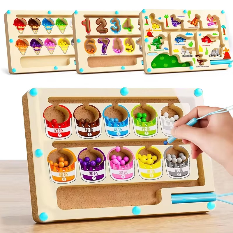 Montessori แม่เหล็กสี Sorting เกมเขาวงกตบอร์ดปากกาย้ายลูกปัดเกมไม้ควบคุม Sensory Play ของเล่นเพื่อการศึกษาสําหรับเด็ก