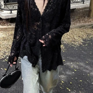 mimi&didi#เสื้อเชิ้ตแขนยาวคอวีลูกไม้ถักโครเชต์สไตล์ฝรั่งเศสยอดนิยม สำหรับผู้หญิง ฤดูใบไม้ร่วง พร้อมแผ่นรองไหล่#W543