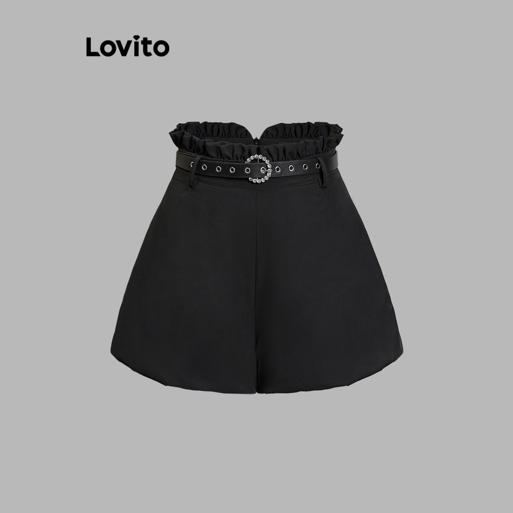 Lovito ชุดเซ็ตกางเกงขาสั้นผู้หญิง ลายทาง แขนระบายจับจีบ พร้อมเข็มขัดและกระดุม ผู้หญิง สไตล์ลำลอง L106AD269 - รูปที่ 3