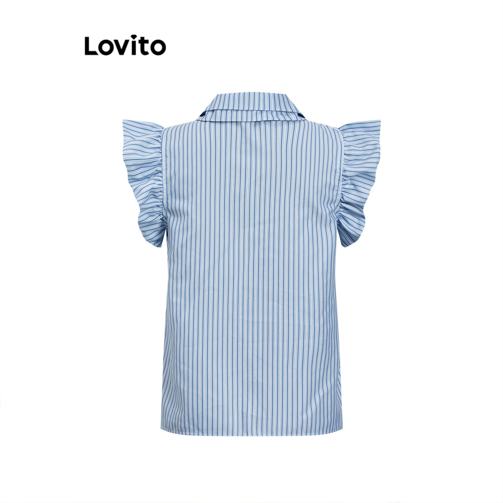 Lovito ชุดเซ็ตกางเกงขาสั้นผู้หญิง ลายทาง แขนระบายจับจีบ พร้อมเข็มขัดและกระดุม ผู้หญิง สไตล์ลำลอง L106AD269 - รูปที่ 5