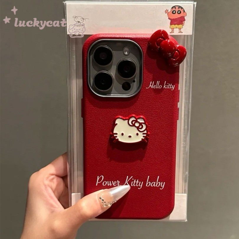 Iphone 16 15 14 13 12 11 Pro Max X Xr Xs Max 7 8 Plus SE2020 เคสโทรศัพท์สีแดงหวาน KT Cat ฝาครอบหนังนุ่ม