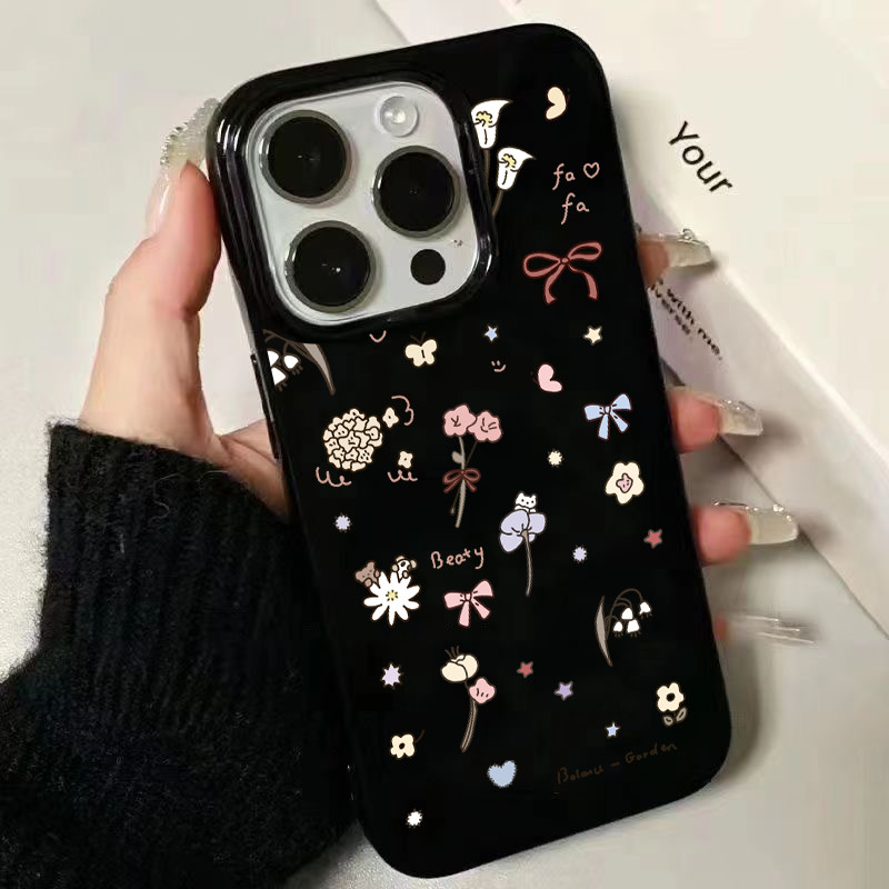 สำหรับ iPhone 16 Pro Max เคส ไอโฟน สีดำมันTPUซอฟท์เคส กันกระแทกกล้องป้องกัน โบว์ดอกไม้ เข้ากันได้กับ 14 13 12 Pro 11...