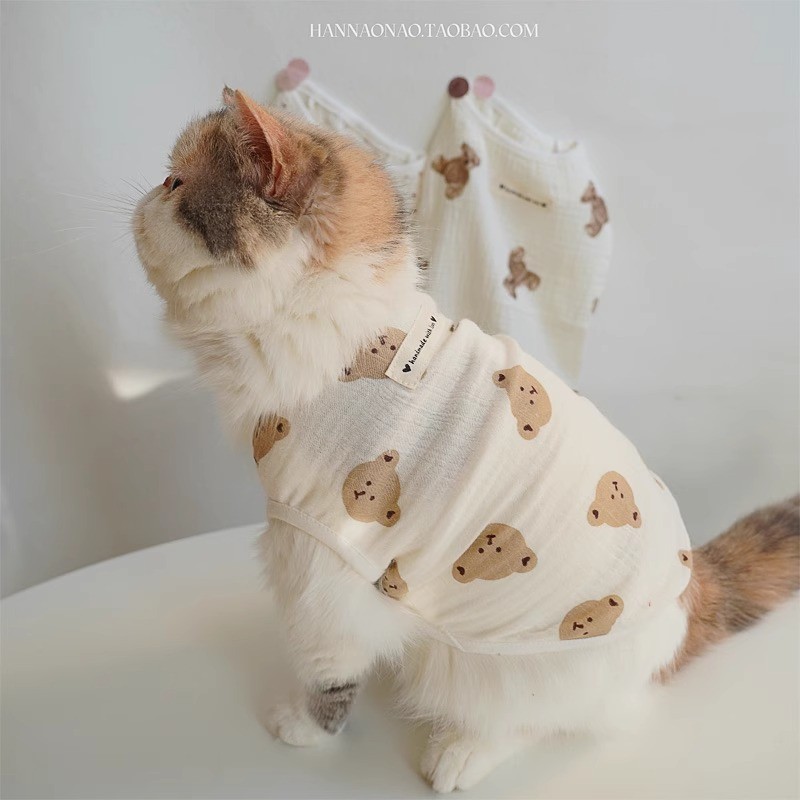 เสื้อกั๊กเปิดหน้าสัตว์เลี้ยงหน้าร้อน ผ้าฝ้ายบางระบายอากาศดี ไม่หลุดขน+ลายการ์ตูนน่ารัก