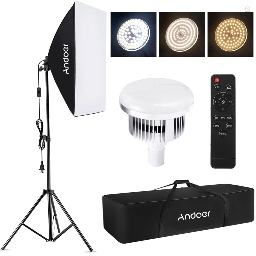 Andoer ชุดไฟถ่ายภาพสตูดิโอ Softbox ชุดไฟพร้อม 85W 2800K-5700K ไฟ LED อุณหภูมิสองสี * 1 + 50x70 ซม. S
