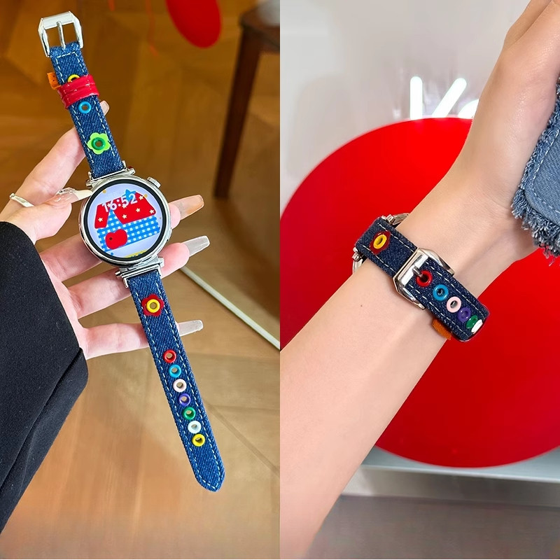น่ารักยีนส์หนังดอกไม้สําหรับหัวเว่ยนาฬิกาgt 6 5 4 41มิลลิเมตร46มิลลิเมตรบางผู้หญิงสร้อยข้อมือสายหัวเว่ยนาฬิกาgt 2จ 3 มือโปรสายเปลี่ยนอุป