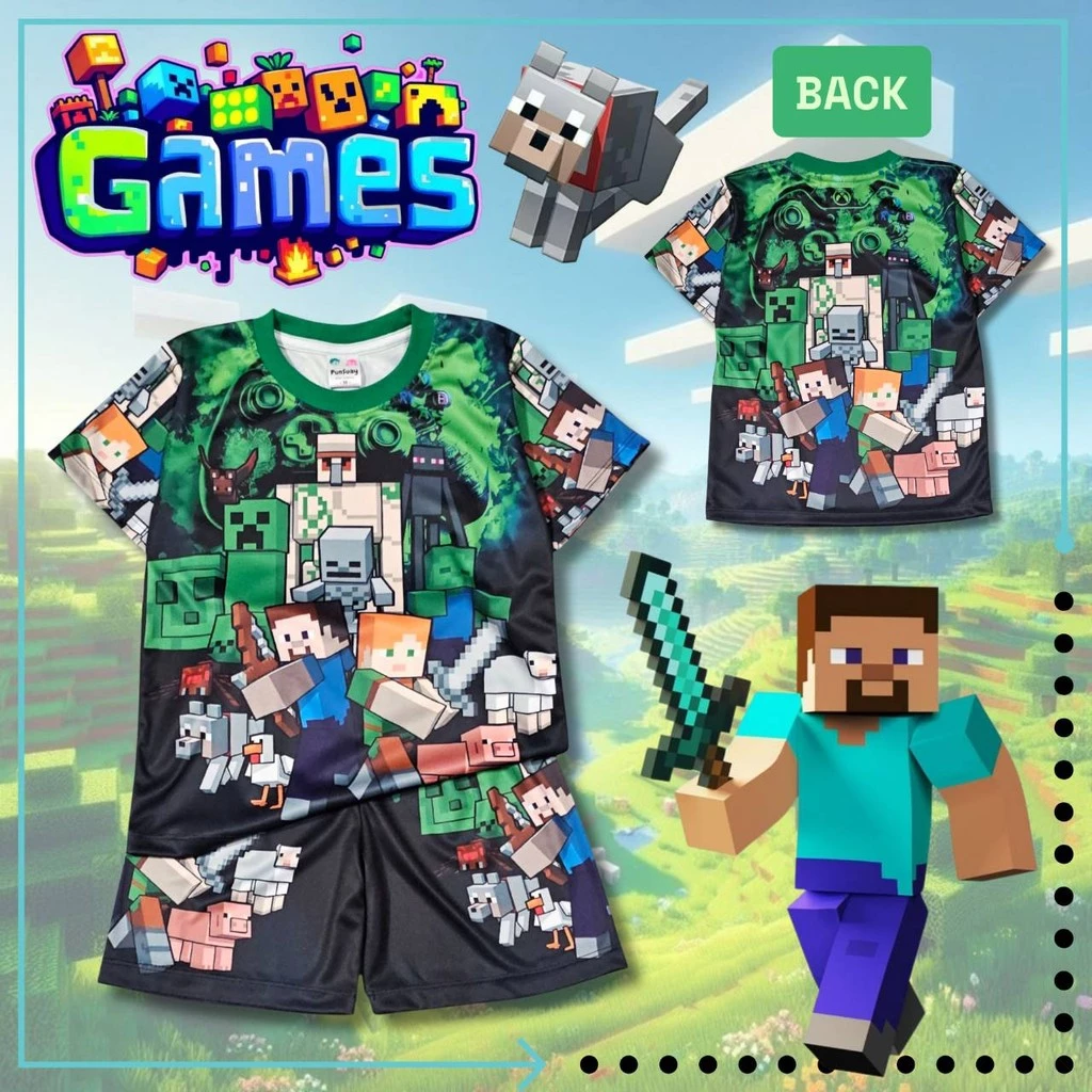 ชุดเสื้อแขนสั้นกางเกงขาสั้นเด็ก ลายเกมวิดีโอเกม เลโก้