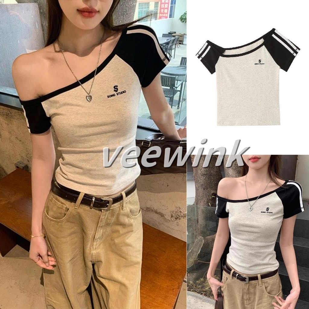 Veewink พร้อมส่งจากกทม เสื้อยืดแขนสั้น รูปแบบการปัก เสื้อเปิดไหล่ สไตล์เกาหลี เสื้อครอปสำหลัผู้หญิง