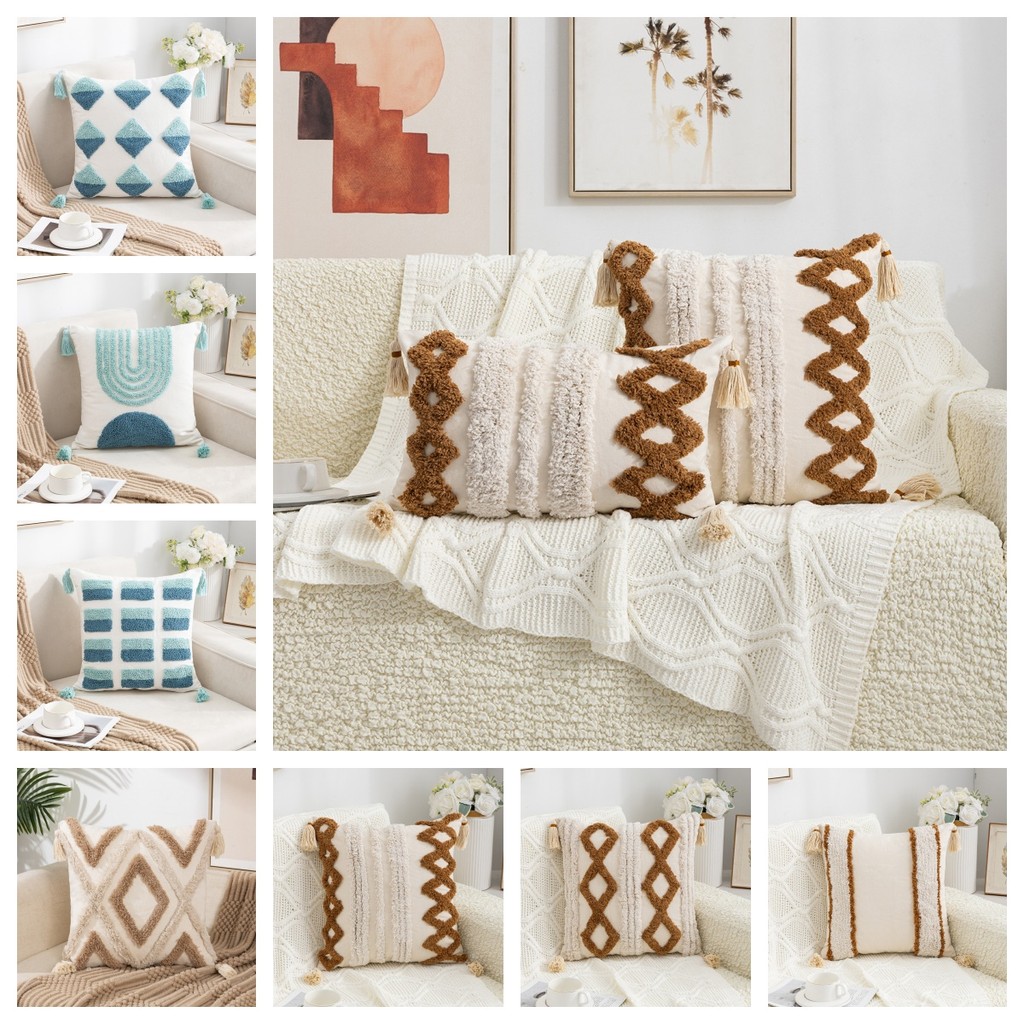 ปลอกหมอนขอบฟูขนาด 30x50ซม. 45x45ซม. สไตล์โบฮีเมียนสำหรับบ้าน ห้องนั่งเล่น โซฟา ห้องนอน