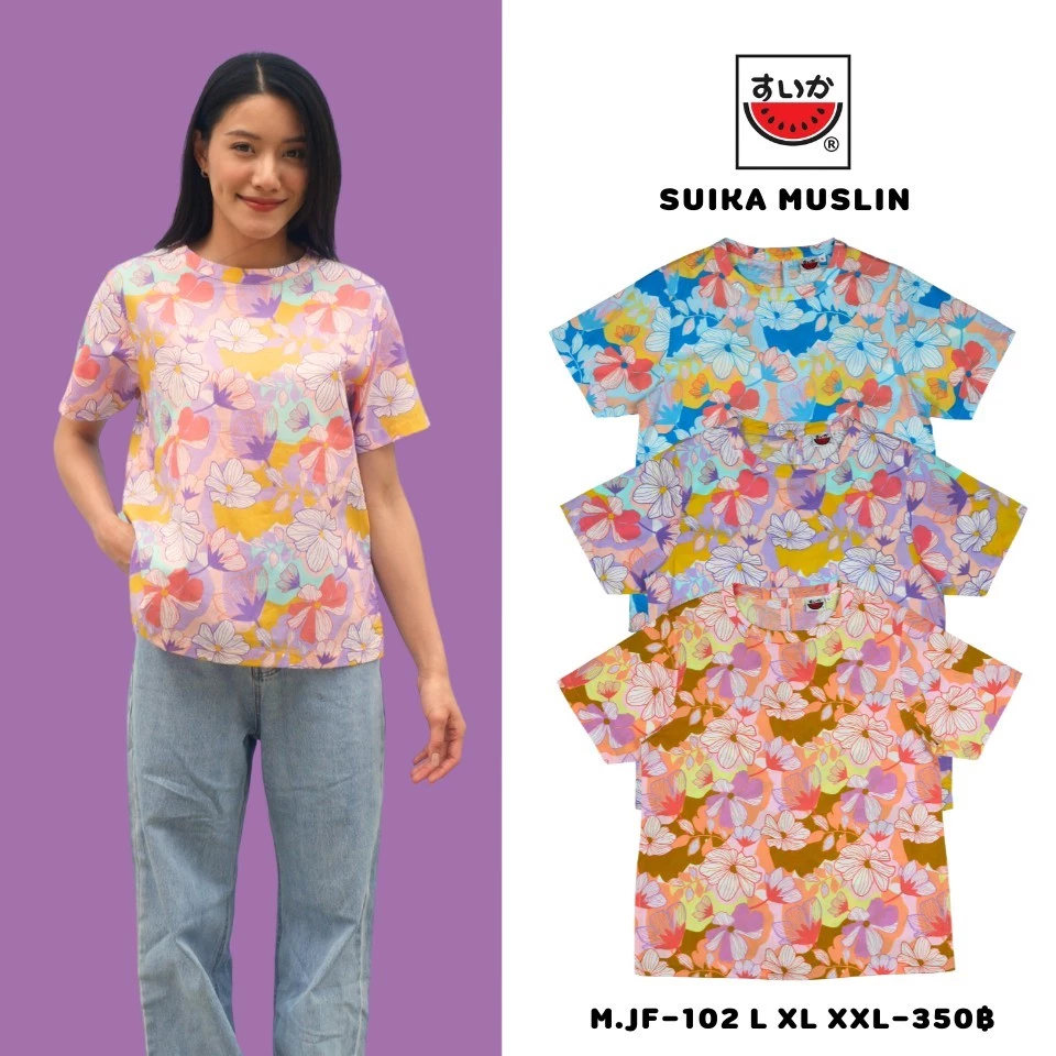 เสื้อแตงโม SUIKA คอจีนแขนสั้น ติดกระดุมหลัง ลายดอกไม้ M.JF-102