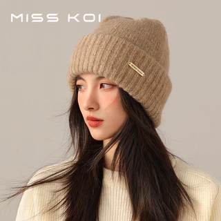 MISSKOI หมวกผู้หญิงฤดูใบไม้ร่วงฤดูหนาวความอบอุ่น Hot-Protecting หูแสดงใบหน้าขนาดเล็กถักหมวก Windproof ขนสัตว์เส้นรอบวงหัวใหญ่ Pi
