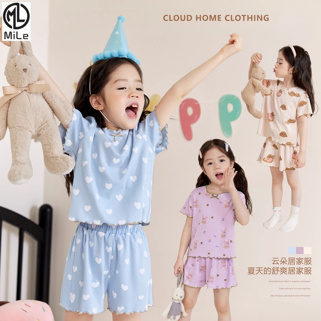 [ML] 90-140CM การ์ตูน Love Simple ชุดนอนเด็กถักสไตล์ใหม่สาวแขนสั้น Homewear สูท