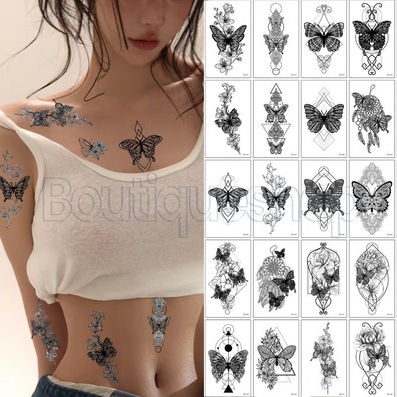 3D Black Butterfly Tattoo Set - Facial Tattoo Patch - Y2k เครื่องประดับแฟชั่น - DIY Body False Tatto