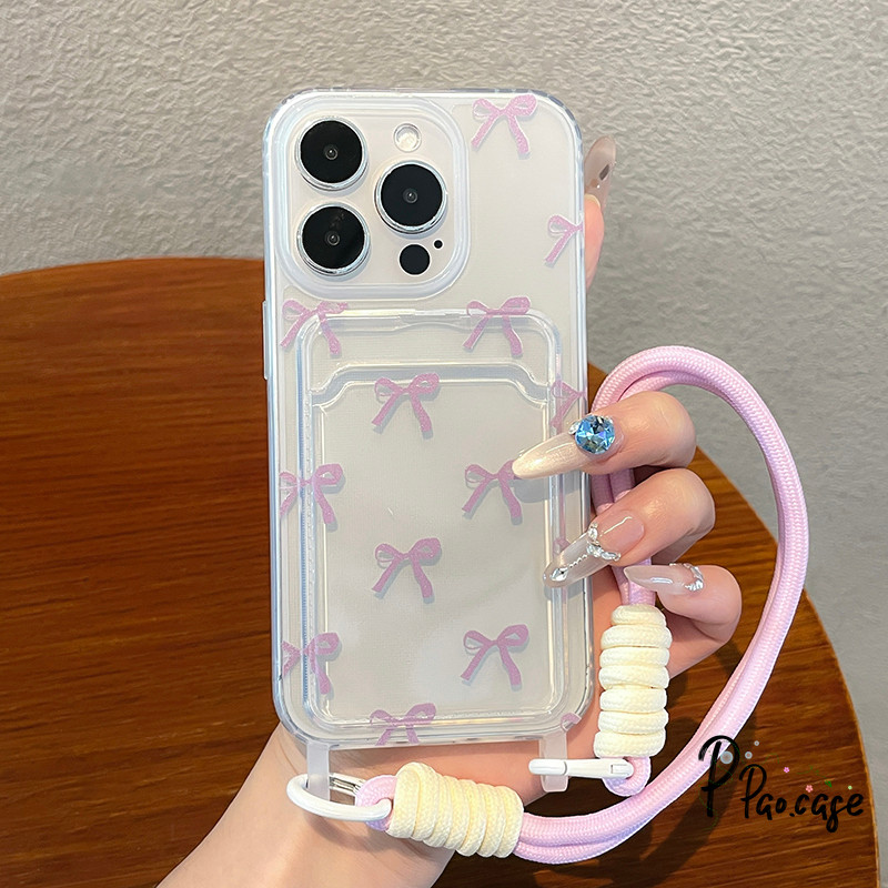 เคสไอโฟน16 สำหรับ IPhone 11 16 13 15 14 12 Pro Max XR X XS Max 7 8 16 15Plus เคสสายคล้องลายการ์ตูนผูกโบว์สีม่วงสุดน่ารัก