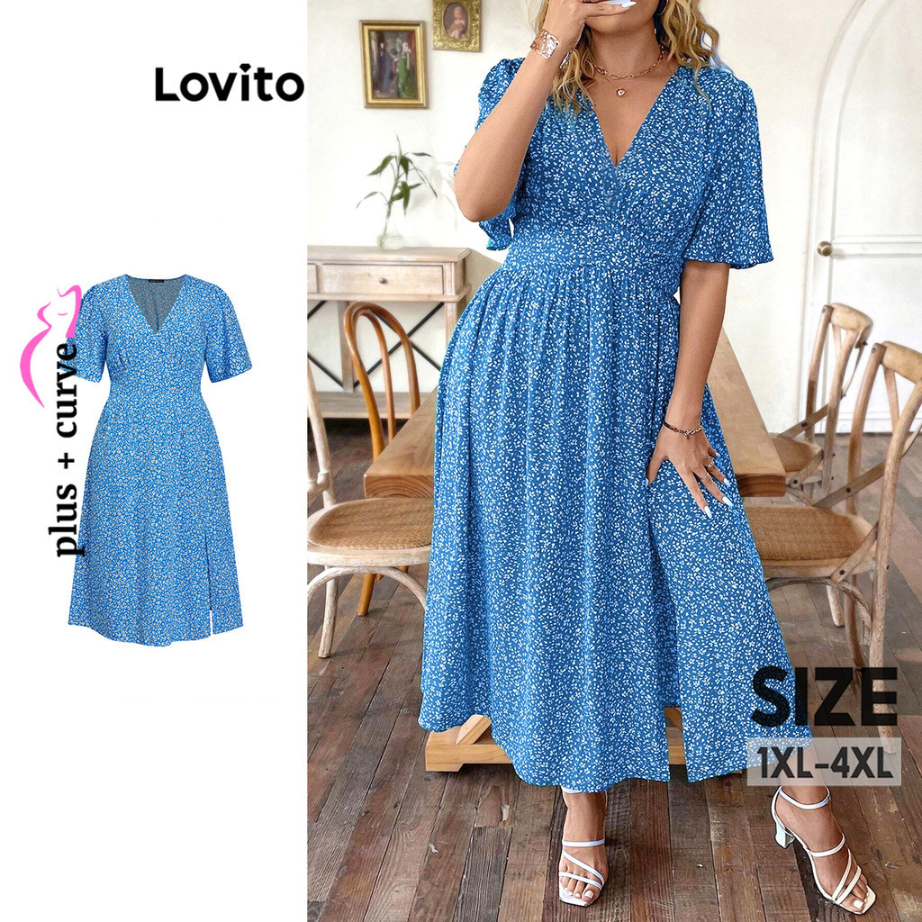 Lovito เดรสสาวอวบ ลายดอกไม้ แต่งผ่าหน้า สไตล์ลำลอง LBL15494