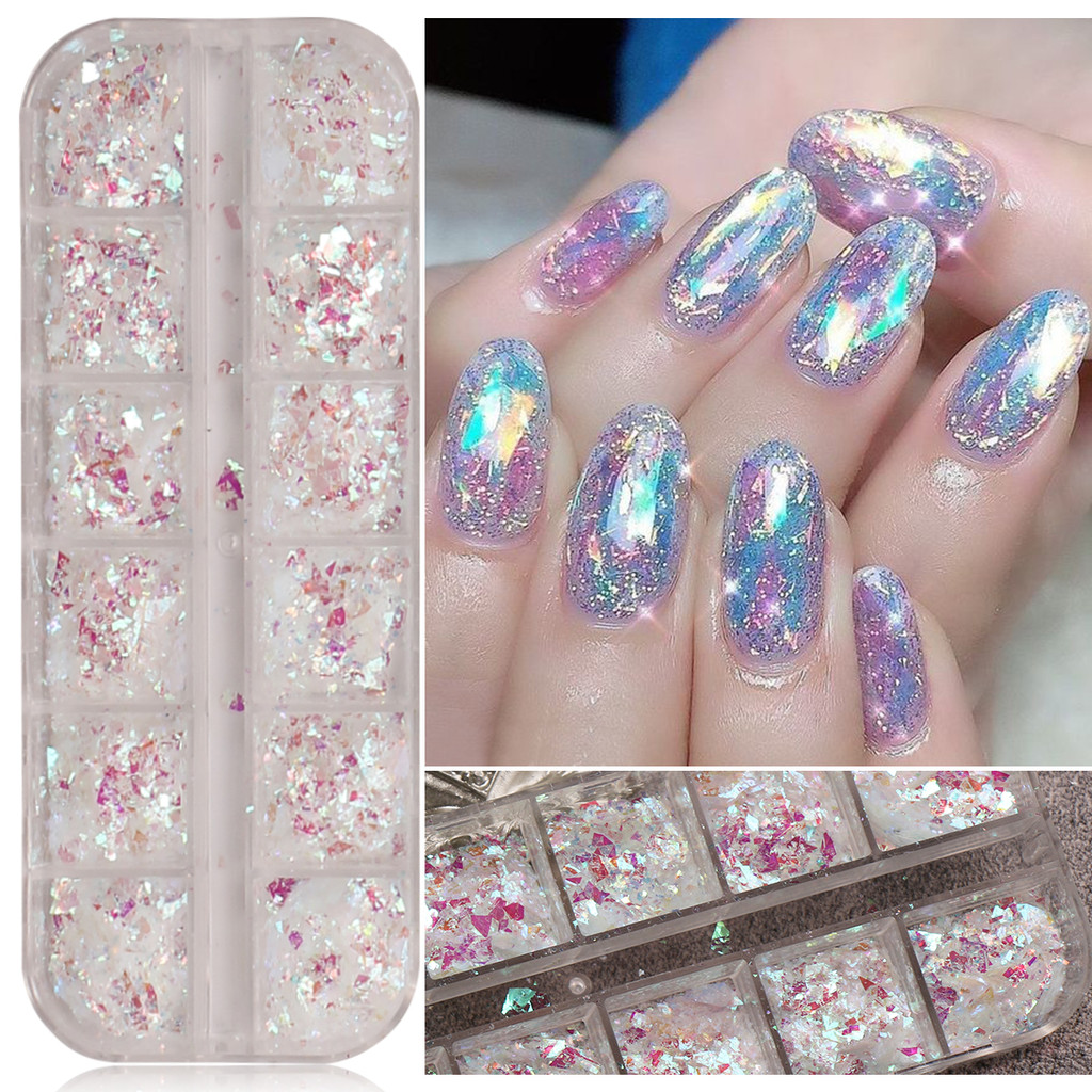HAMA Nail 12-grid Nail Art Glitter ขายส่ง Aurora แฟนตาซีเลเซอร์ Ice-โปร่งใสตกแต่งเล็บ Glitter Fragments โอปอล Glitter งานแต่งงานเจ้าสาวเล็บ
