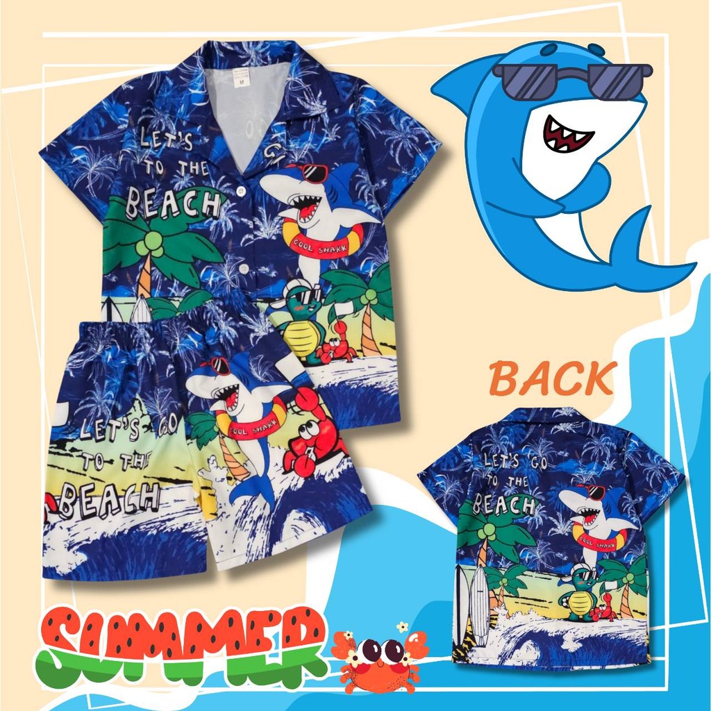 SHK0760#7 ชุดเด็ก เซ็ตเสื้อฮาวาย+กางเกงขาสั้น ผ้าไหมอิตาลี ลายฉลาม เสื้อผ้าเด็กแฟชั่น ชุดเด็กลายการ์ตูน ชุดเที่ยวทะเล
