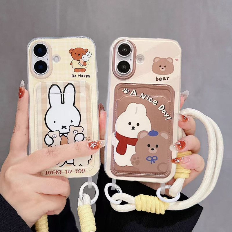 Iphone 16 15 14 13 12 11 Pro Max X XR XS Max 7 8 Plus INS หมีน้อยน่ารักกระต่ายใส่การ์ดสร้อยข้อมือเคสโทรศัพท์ปกอ่อน