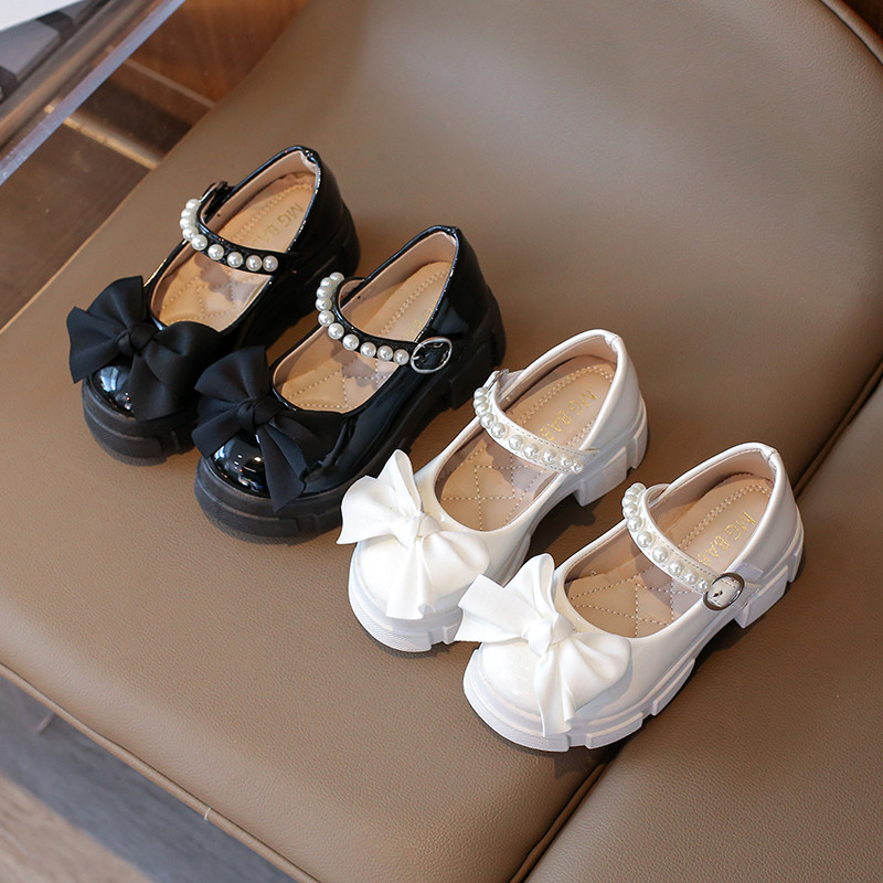 Elegant Pearl Girls รองเท้าหนังส้นแบนสีทึบ Bowknot Soft Sole รองเท้าเด็กสบาย 3-16 ปี