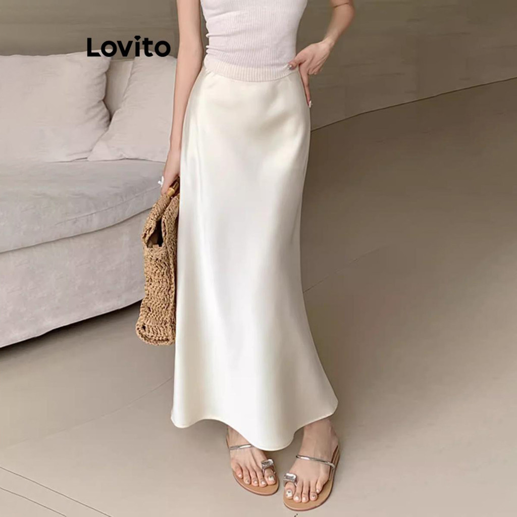 Lovito กระโปรงผู้หญิง เบสิก สีพื้น สไตล์หรูหรา LNE57725