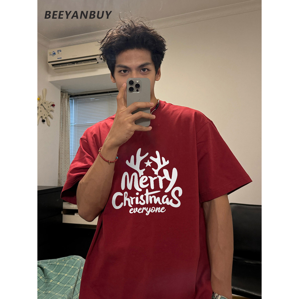 Beeyanbuy เสื้อยืด oversize สีแดง, แฟชั่นน่ารักตัวอักษรคริสต์มาสพิมพ์เสื้อยืดแขนสั้นสีแดง #I003162