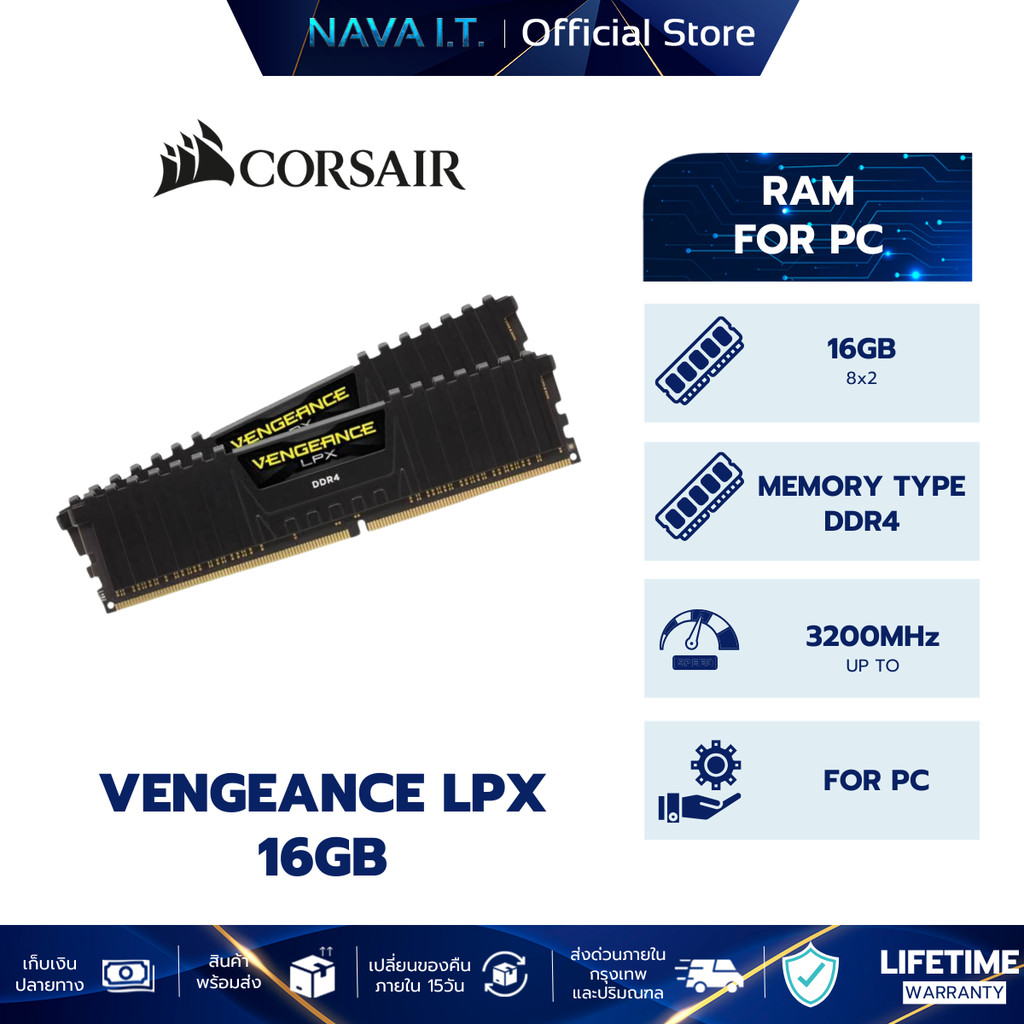 CORSAIR RAM (หน่วยความจำ) VENGEANCE LPX 16GB (8x2) DDR4 DRAM 3200MHz BLACK (CMK16GX4M2E3200C16)