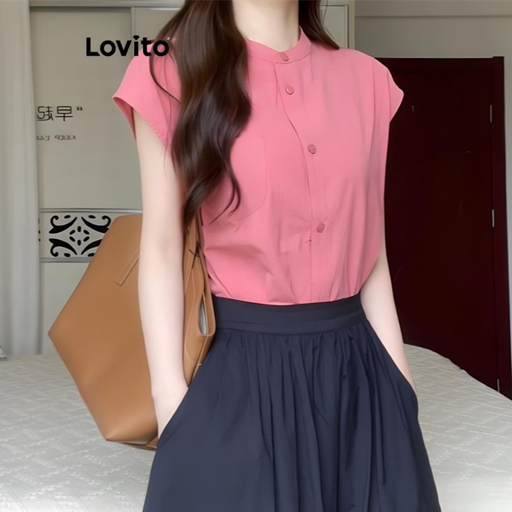 Lovito เสื้อเบลาส์ผู้หญิง เบสิก สีพื้น สไตล์ลำลอง LNE53345
