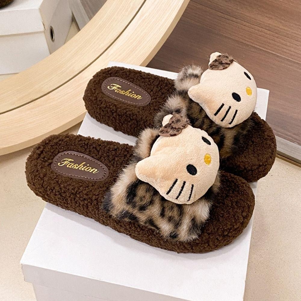 Jsjjingp รองเท้าแตะตุ๊กตา Kitty, รองเท้าแตะขนสัตว์อุ่นบ้านปุย, นักเรียน Kawaii ในร่มกลางแจ้ง Anti Slip Y2k รองเท้าแตะเสือดาวด้านนอก