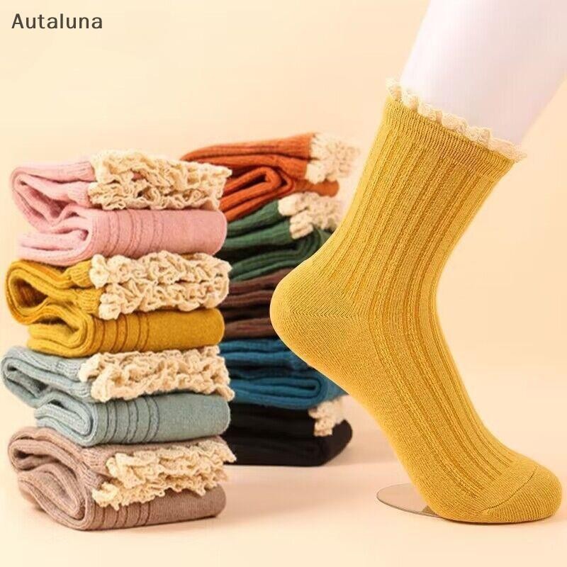 Autaluna 1 คู่สีลูกกวาดกลางหลอดฤดูใบไม้ร่วงฤดูหนาวถุงเท้าสําหรับผู้หญิงสาวแฟชั่นส่วนบุคคลถุงเท้า Lolita ลูกไม้ Ruffle ถุงเท้าของขวัญใหม่
